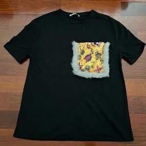 ZARA floral pocket tee velvet with fur sides SIZE S
